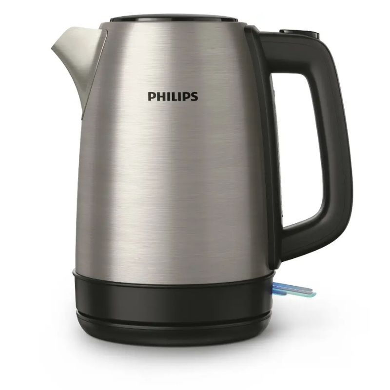 Detailní pohled na indikátor vodní hladiny a ergonomickou rukojeť konvice Philips