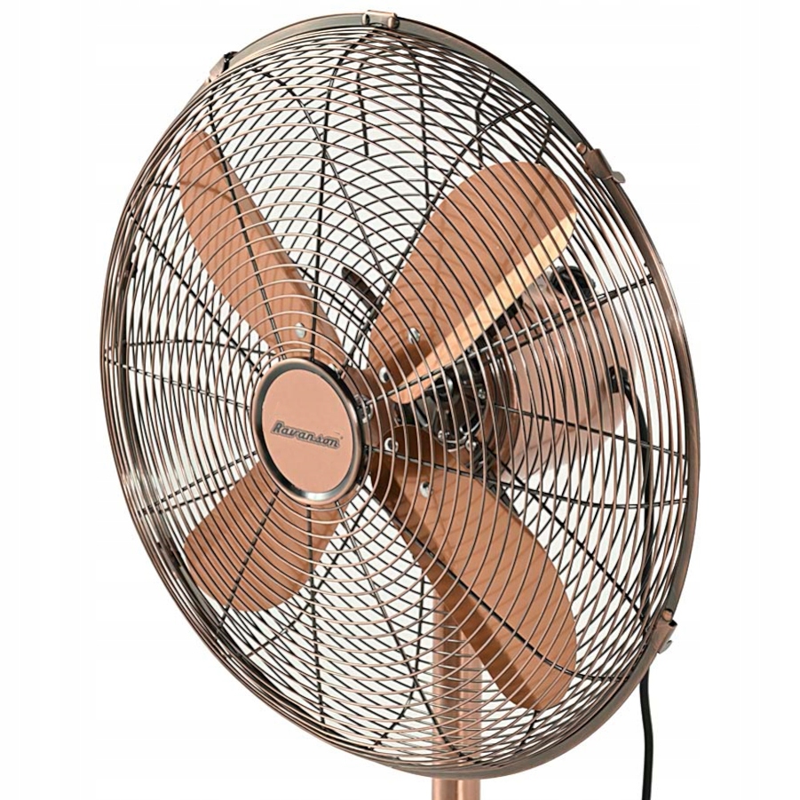 Detail ovládání a motorové části měděného stojanového ventilátoru RAVANSON