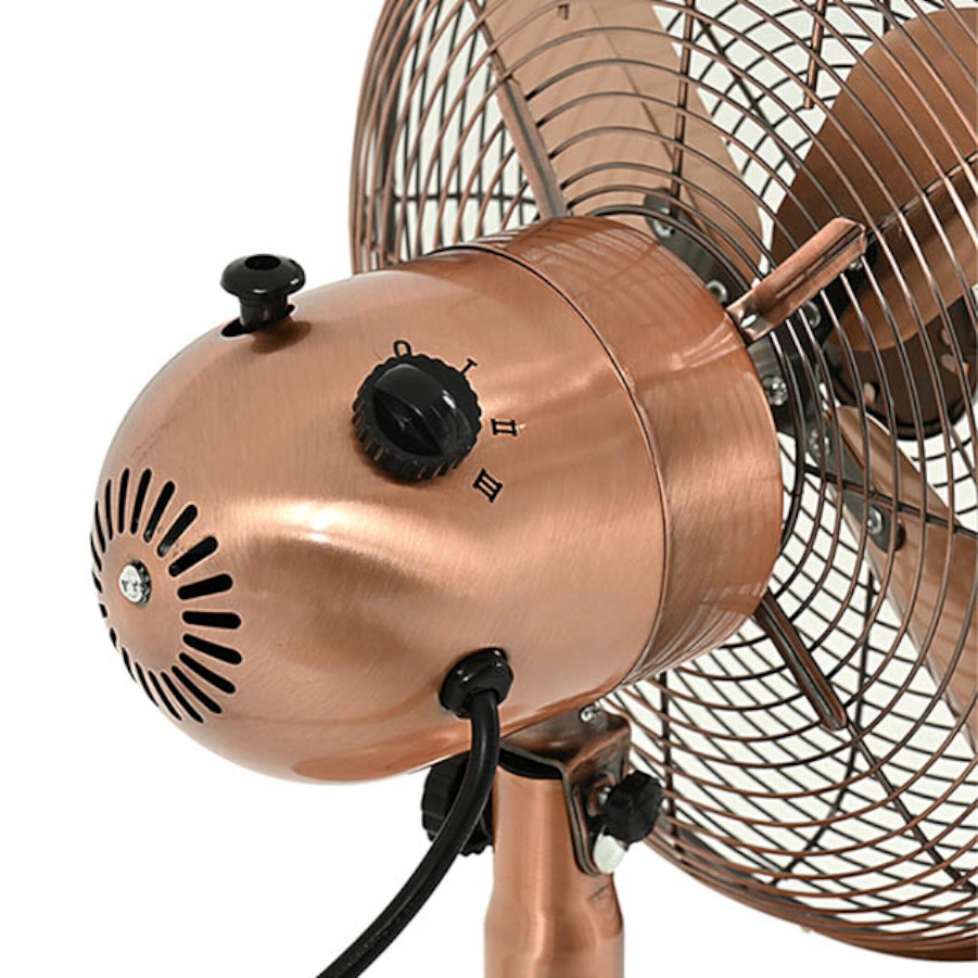 Kompletní sestava stojanového ventilátoru RAVANSON v měděné barvě s nastavitelným stojanem