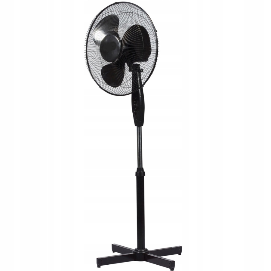 Detailní pohled na stabilní křížovou základnu a tělo stojanového ventilátoru Ravanson černý