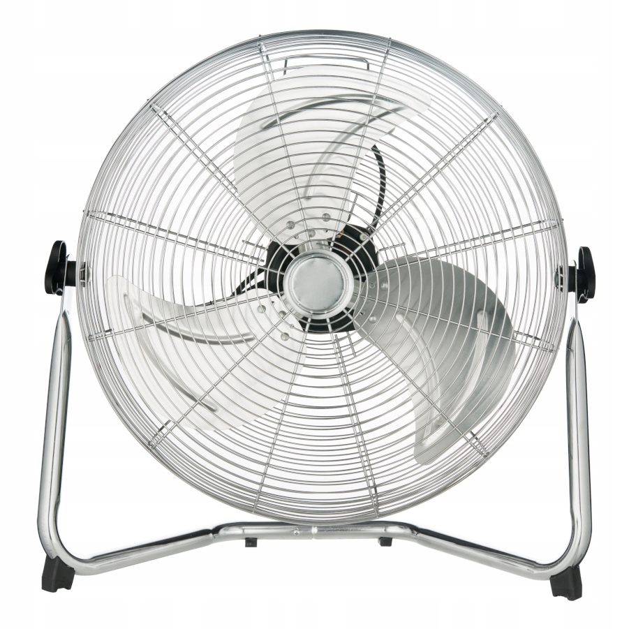 Pohled z boku na podlahový ventilátor Ravanson s detailem chromovaného stojanu a naklápěcího mechanismu
