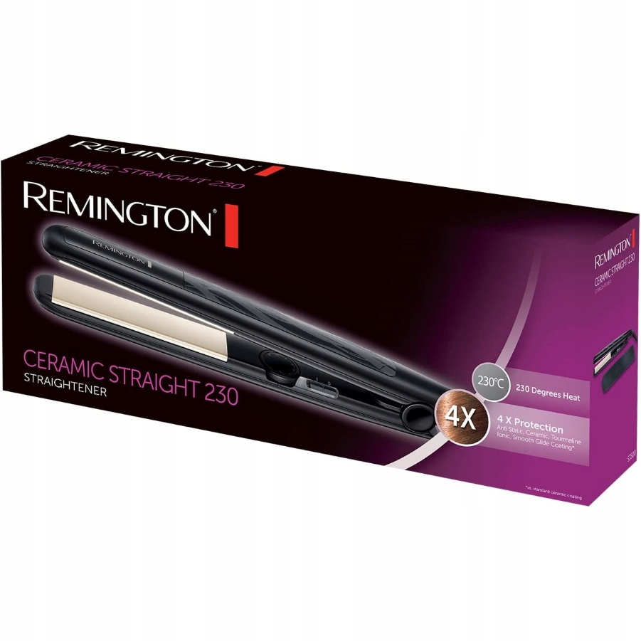 Kompletní balení žehličky Remington s teplovzdorným pouzdrem a krabicí