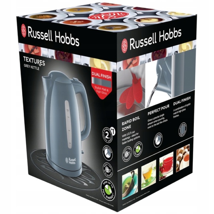 Detail syntetického materiálu a šedé povrchové úpravy konvice Russell Hobbs