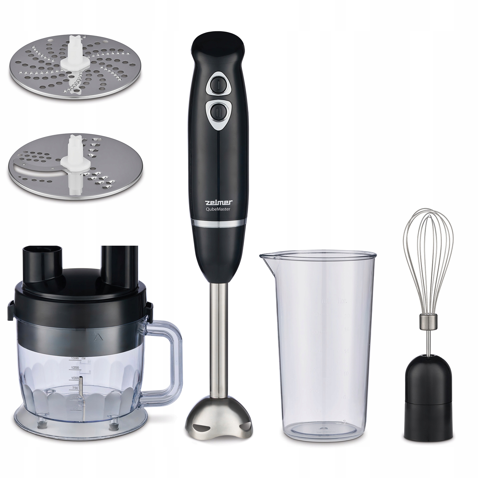 Zelmer ZHB4600 QubeMaster - celkový pohled na výkonný ruční mixér s příslušenstvím