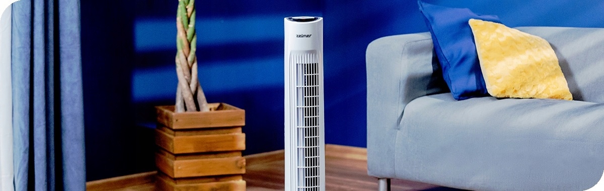 Detailní pohled na horní část sloupového větráku Zelmer s integrovanými funkcemi oscilace