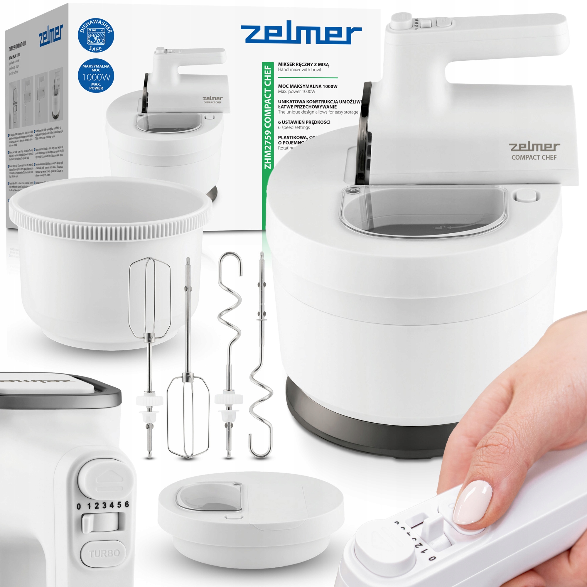 Pohled z boku na bílý ruční šlehač Zelmer Compact Chef s ergonomickou rukojetí