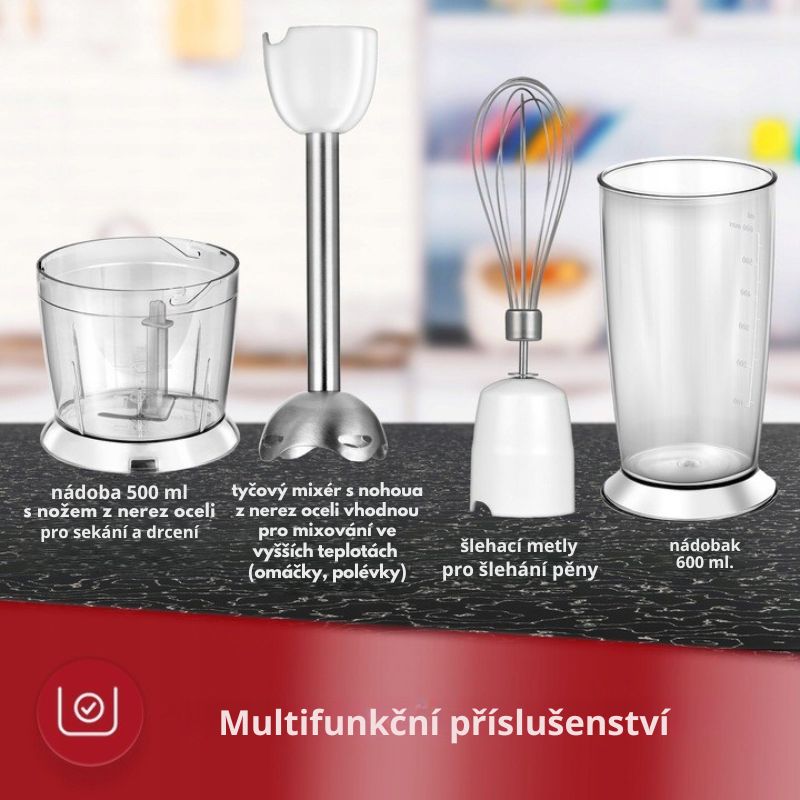 Kompletní sady příslušenství včetně sekací nádoby a šlehací metly